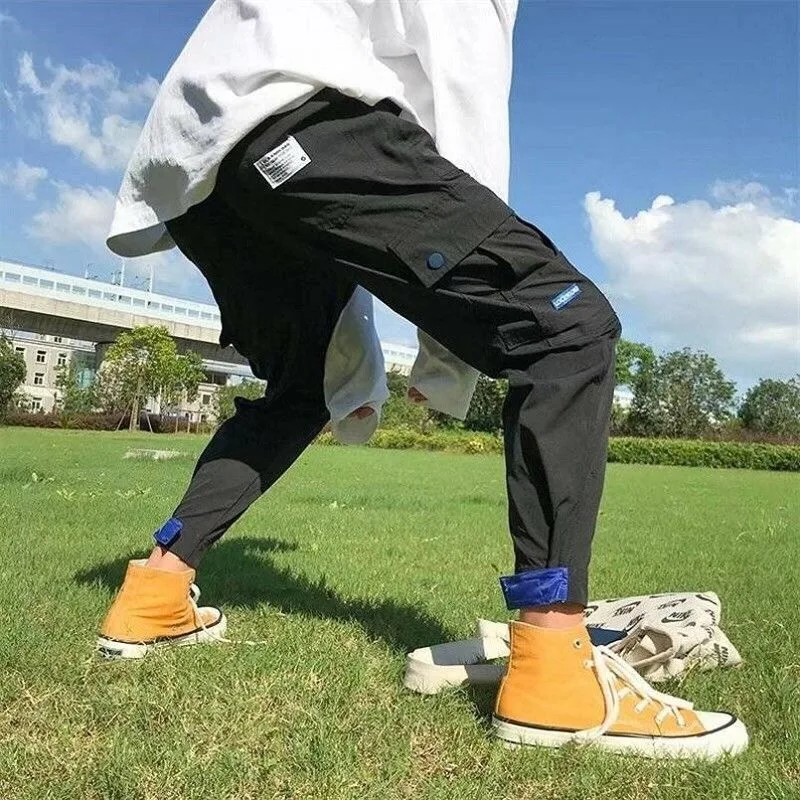 Streetwear Ribbons Casual Pants Men Black Slim Mens Joggers Pants Side-pockets Cotton Man Trousers - Цвет: 8011 black