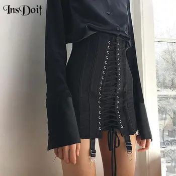 

InsDoit Vintage Lace Up Black Skirt Gothic Punk Metal Patchwork High Waist Skirt Women Streetwear Bodycon Eyelet Bandage Skirts