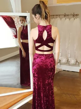 

Two Piece Prom Dress Jewel Floor-Length Purple Velvet Open Back Hollow Prom Dress