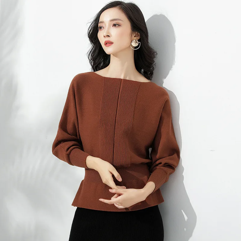 Women's Sweater Autumn New Loose Word Collar Sweater Women's Shirt Bat Sleeve Bottoming Sweater Women