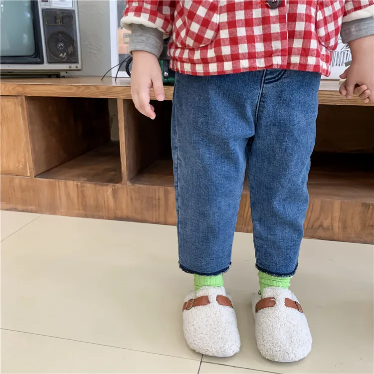 

Children Autumn Winter Solid Color with Velvet Thickened Jeans New Boys and Girls Casual Cowboy Radish Pants Kids Denim Trouser