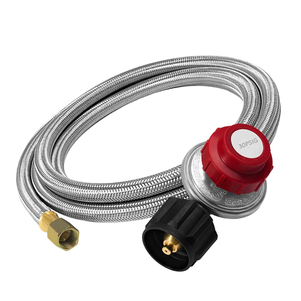 Stainless Braided Adjustable Propane Regulator W/ 4ft Hose QCC1/Type 1, fits most gas grill, propane smoker, fire pit