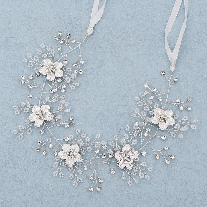 Silver Flower Pearl Headband Bridal Headband Women's Hair Accessories Pearl Rhinestone Headband Wedding Hair Jewelry