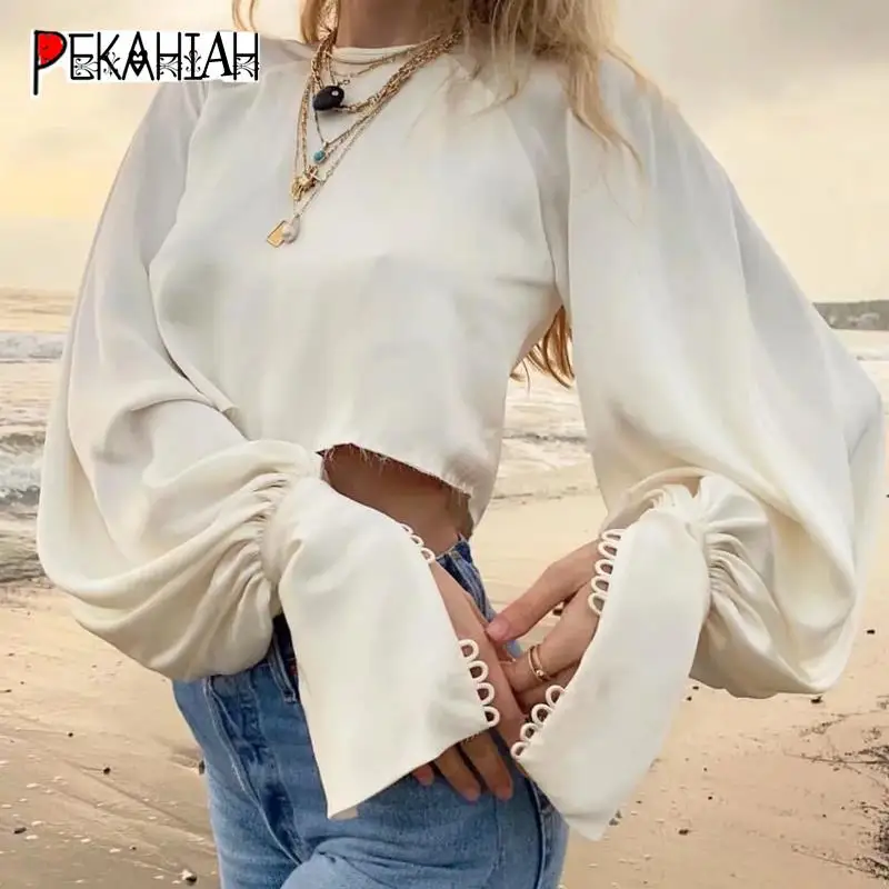 Сексуальный укороченный топ винтажное атласное с длинными рукавами Блузка, женские рубашки уличная Женская топы и блузки повседневные женские топы