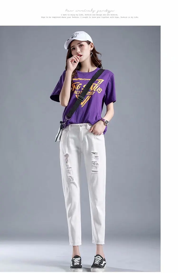 Jeans Woman Loose Casual Boyfriends Jeans Streetwear Women Ripped Hole White Pocket Ankle Length Trousers Jean