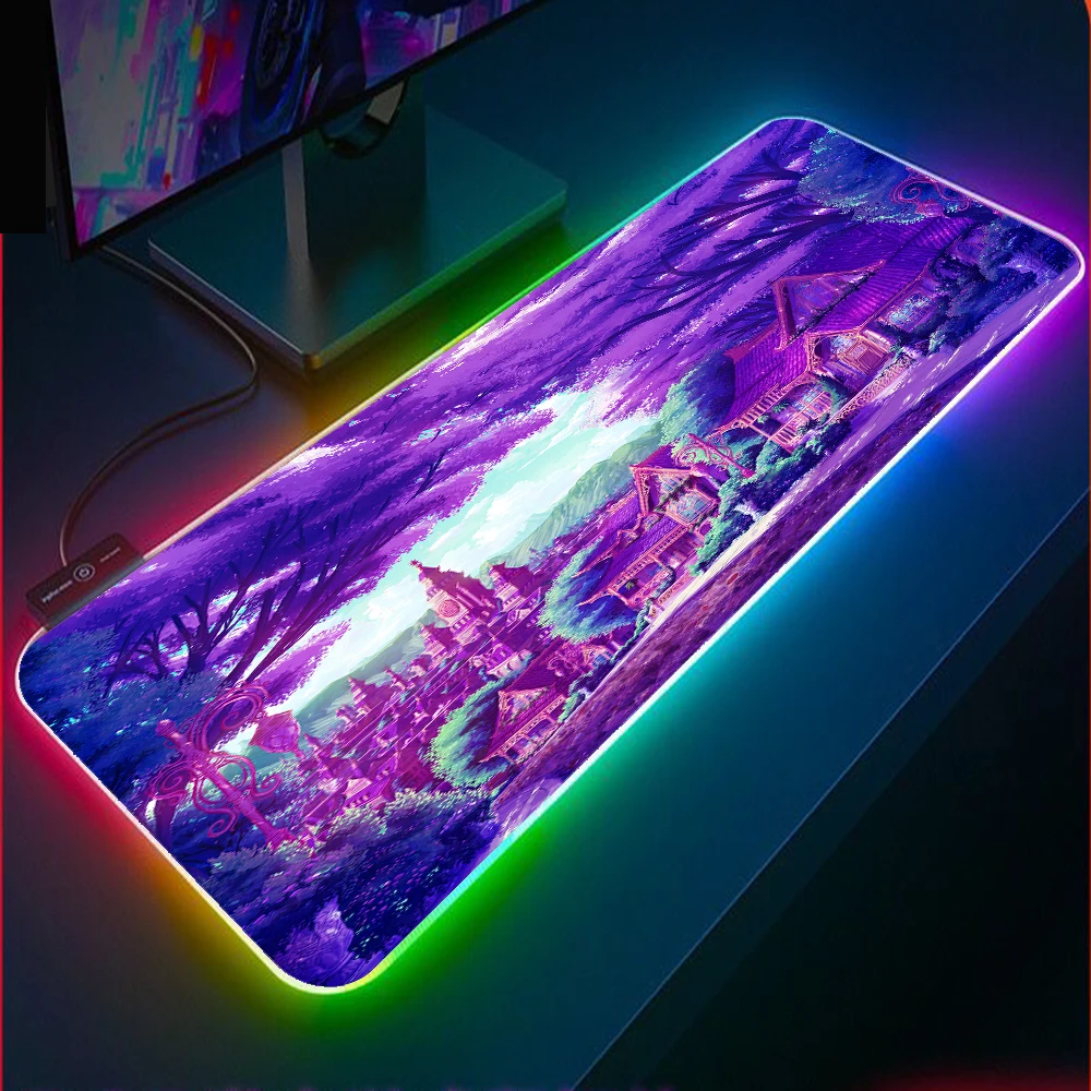 

Purple Background Anime City Gaming Mouse Pad RGB Laptop with USB Luminous LED Home Office Gaming Accessories Mouse Pad Desk Mat