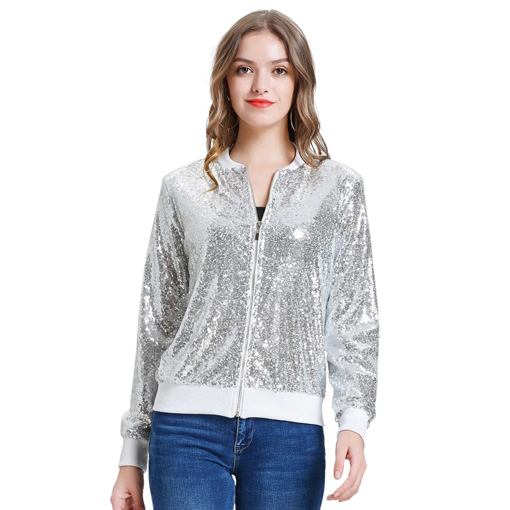 

Women coat silver/black fall clothes ladies cool casual Sparkling Sequins Baseball Jacket Long Sleeve Stand Collar Zip-up bomber