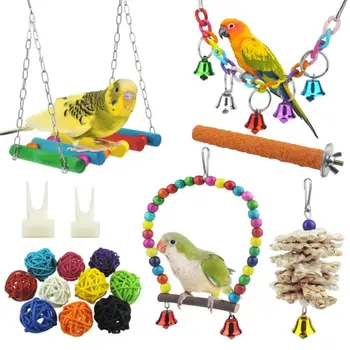 

17 Pcs/Set Birds Parrot Chewing Toys Hanging Swing with Bell Standing Perch Cage