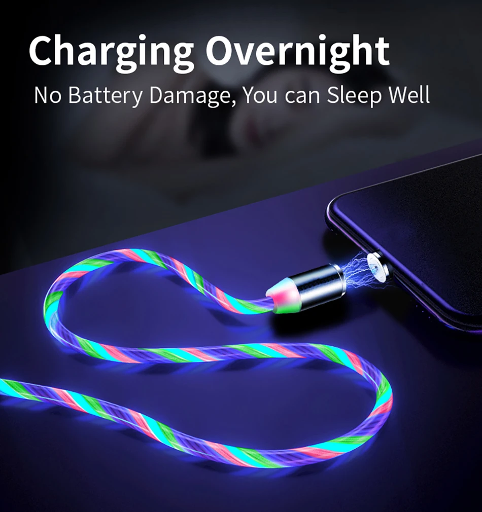 Светодиодный светящийся струящийся Магнитный зарядный кабель светящееся освещение Быстрая зарядка Micro usb type C для iPhone Android Phone USBC провод шнур