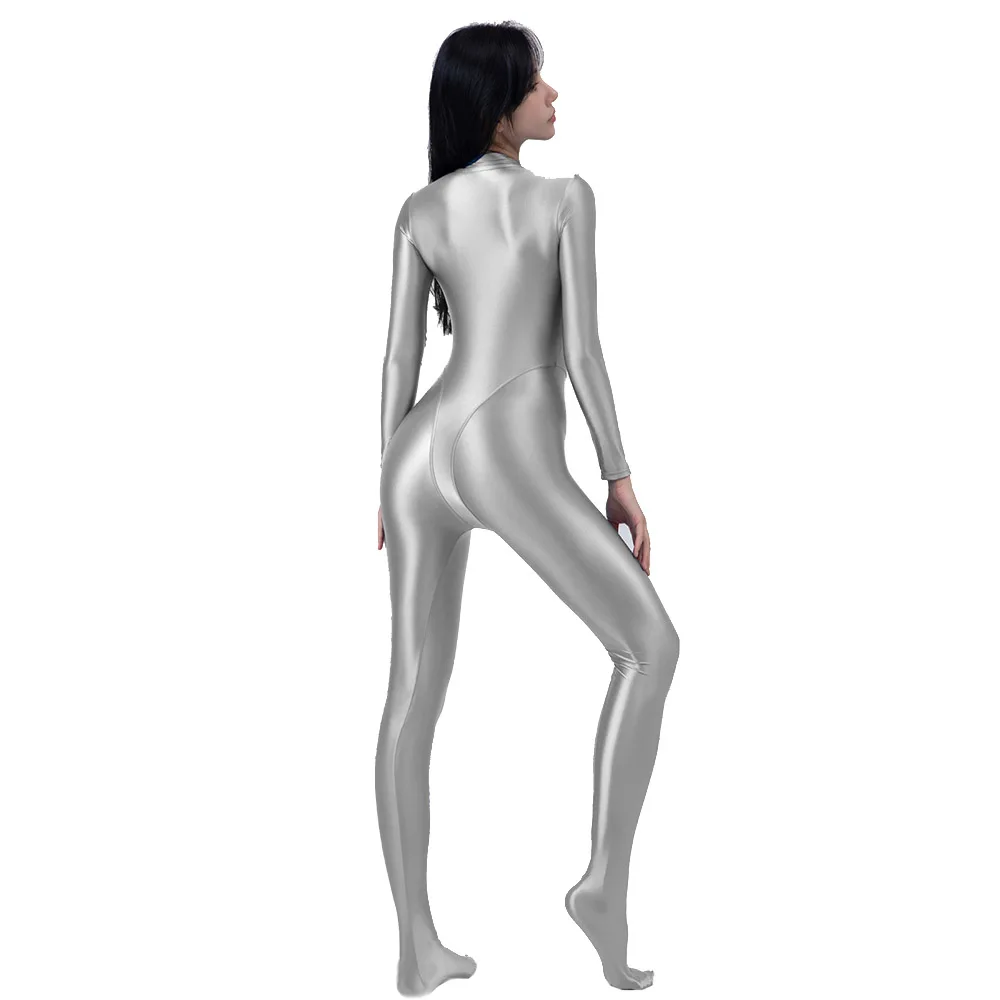 AMORESY Front Zipper Romper Full Length Oil Tights Shiny Smooth Women Overall Yoga Zentai Playsuit Suits Sexy Jumpsuits Catsuits