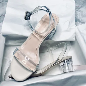 Sandalias de moda de verano para mujer, zapatos de PVC con cinta transparente, sandalias romanas de tacón alto y Punta abierta, Q00052, 2021