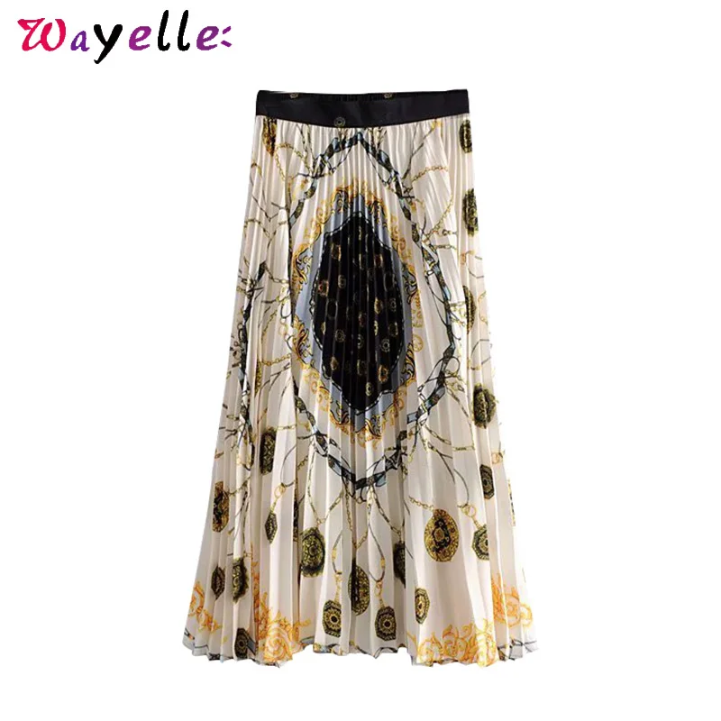 

Vintage Elastic Waist Women Skirts Summer Chains Print Pleated Midi Skirt Women Basic Retro Long Skirts Women Moda Mujer