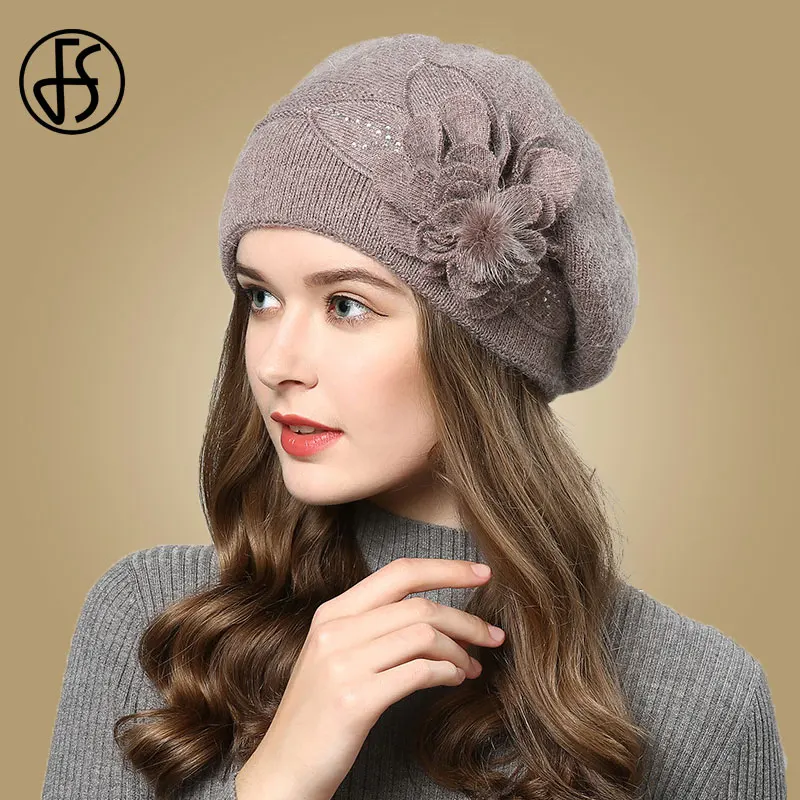 FS Women Rabbit Berets Knitted Wool Hats Winter Flowers Warm Female Cap Girls Beanies Fur Hat Gorros Bonnet Femme Hiver