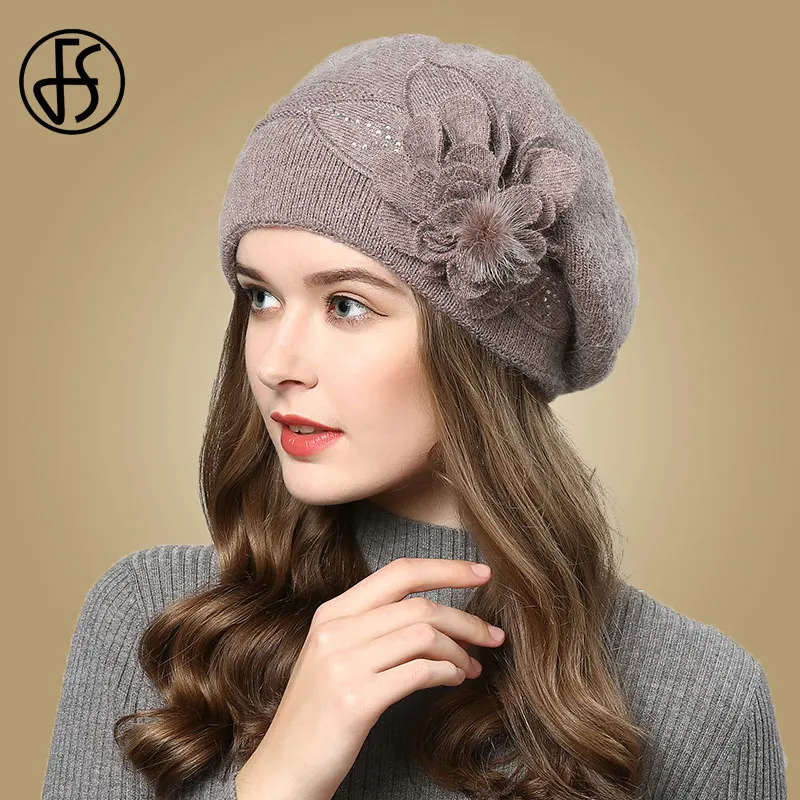 FS Women Berets Knitted Wool Hats Winter Flowers Warm Female Cap Girls Beanies Rabbit Fur Hat Gorros Bonnet Femme Hiver 2020 2