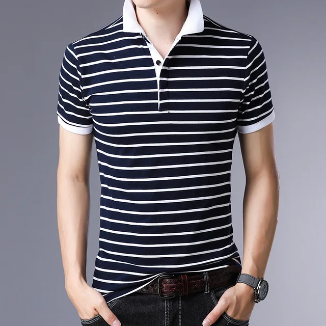 FDM1809 navy blue Полосатая футболка с коротким рукавом, Мужская футболка, летний топ, Camisetas Hombre, Мужская облегающая хлопковая футболка размера плюс M-5XL - Цвет: FDM1809 navy blue