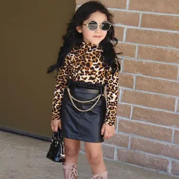 

Baby Girls Gorgerous Suit Leopard Long-sleeved T-shirt Top Black Leather Skirt Children Girls Two-piece Suit New