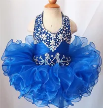 

Baby Infant Toddler Birthday Party Dresses Royal Blue Ruffles Silver Crystal Ball Gown Halter Little Kids Flower Girl Dress