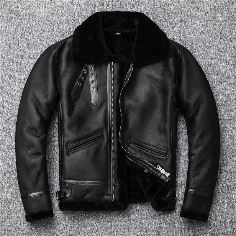 

Fur One Lamb Wool Men Leather big size Leather Retro Classic B3 Sheepwool lapels Winter Coats To Keep Warm Motorcycle Jacket