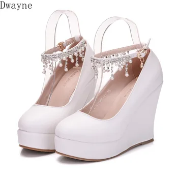 

2019spring beaded chain wristband wedge with female large size single shoes waterproof platform high-heeled wedding shoes femal