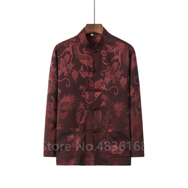 Китайский топ Дракон длинный рукав рубашки Мандарин Воротник традиционный костюм ханфу Китайская одежда для мужчин вечерние атласные шелковые Тан костюм - Color: Color5