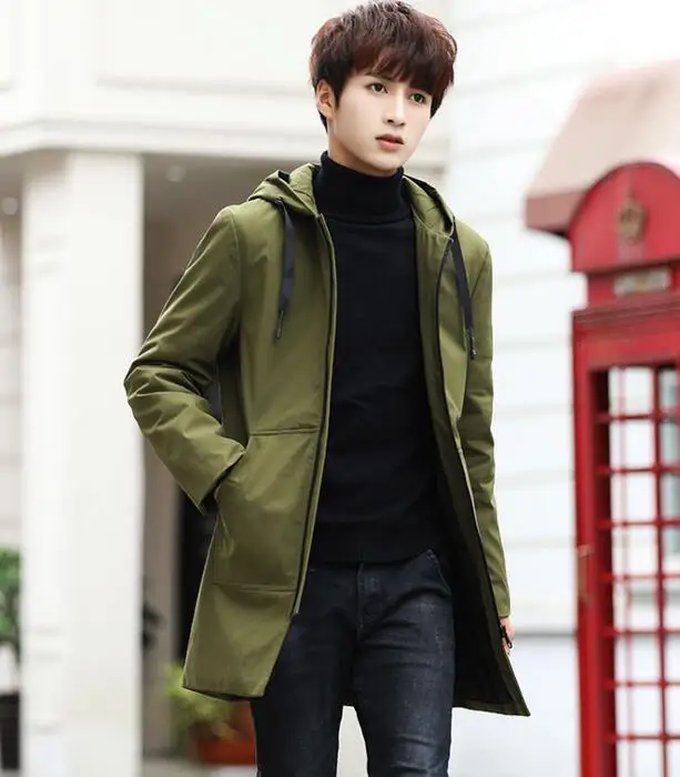Army green B Зимняя куртка мужская с капюшоном Тонкая Корейская парка Hombre длинная куртка кашемировая Мужская ветровка Парка хлопковая молодежная одежда - Цвет: Army green B