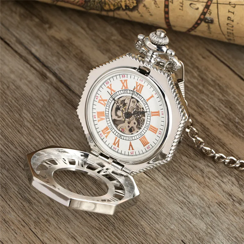 Silver Hollow Octagon Unisex Hand-winding Mechanical Pocket Watch Skeleton Clock Roman Number Dial Pendant Chain Reloj