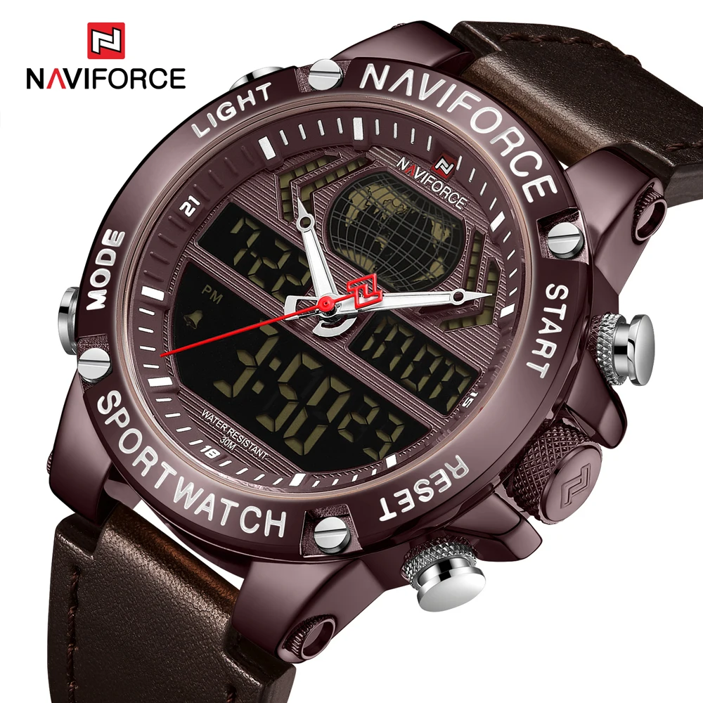 Люксовый бренд, NAVIFORCE мужские часы, мужские кожаные спортивные Кварцевые светодиодный цифровые часы, водонепроницаемые военные наручные часы, мужские часы