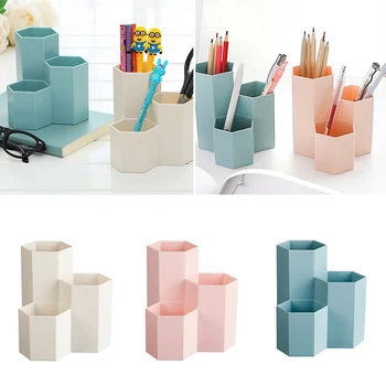 

3 Grid Creative Hexagonal Pen Pencil Holder Pen Storage Case Multi-Function Desktop Makeup Brush Storage Plastic Box Organizer