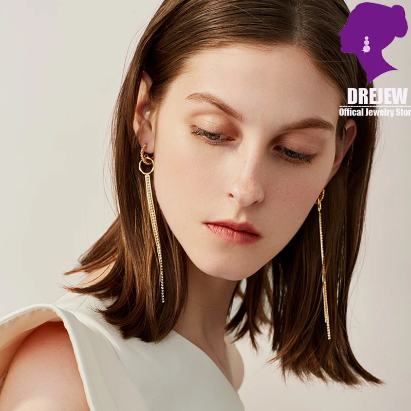 DREJEW Korean Long Tassel Statement Circle Earrings 925 Gold Silver Blue Rose Alloy High Street Fashion Drop Earrings for Women
