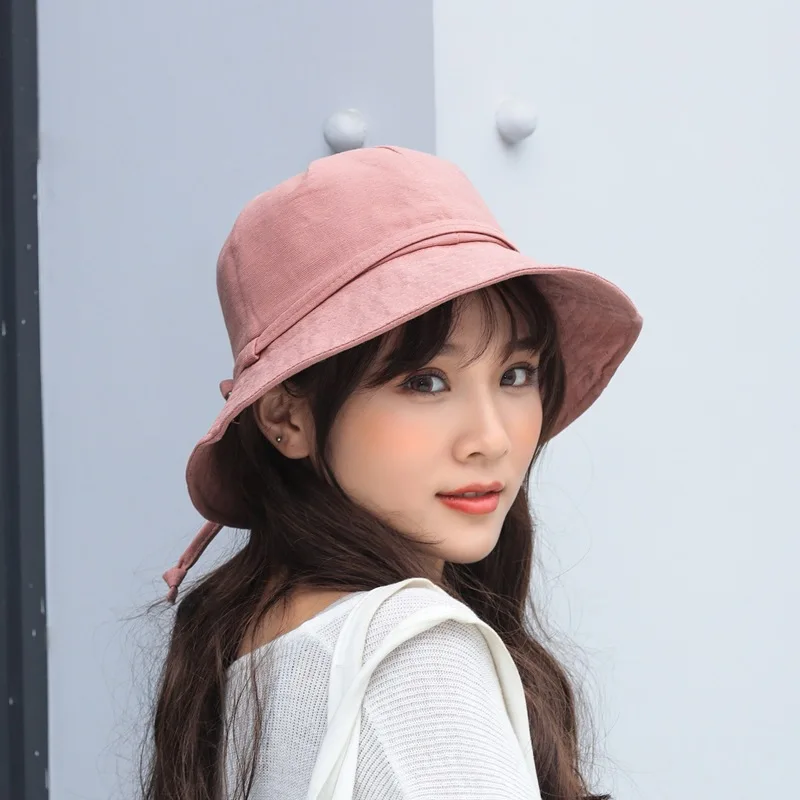 

Bow Hat Big Brim Bucket Hat Women's Summer Cotton Linen Solid Color Topee Japanese-style Versatile Outdoor Sun-resistant Bucket