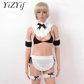 

Sexy Maid Costum Erotic Lingerie Maid Cosplay Costume Bikini Bra Top G-string Thong Fake Collar Apron Headband Armbands Leg Band