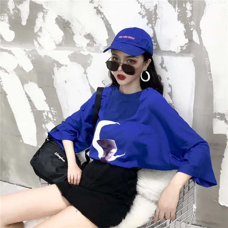 Женская футболка с буквенным принтом Harajuku, Длинные Топы, Винтажная летняя футболка, Корейская одежда больших размеров, футболка с коротким рукавом и круглым вырезом V745