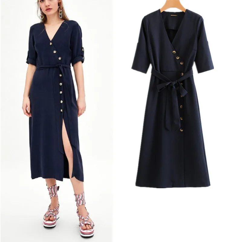 

Europe And America Slim Fit 2018 Summer New Style Lace-up Waist Hugging V-neck Single Breasted Half-sleeve Shirt Slit Long Skirt