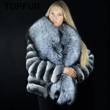 

FURSARCAR Big Silver Fox Fur Collar Winter Thick Warm Fur Coat Good Quality Fashion Chinchilla And Natural Rex Rabbit Fur Coat