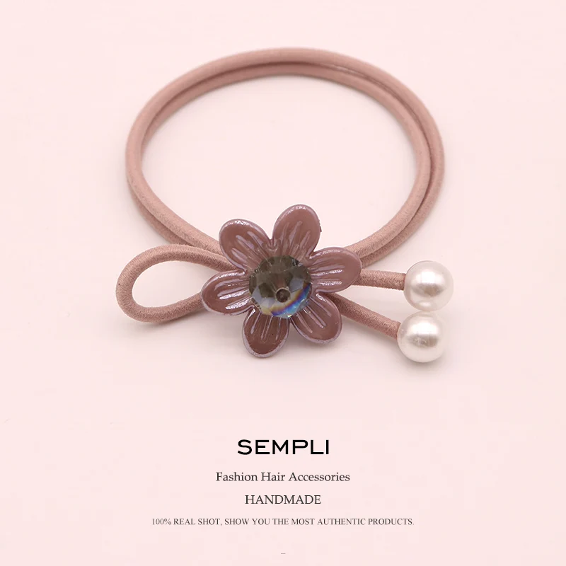 Pink Sempli нейлон эластичные женские обручи пластиковые кристалл цветок Резиновая лента два жемчуга бант-узел Аксессуары для волос - Цвет: Pink