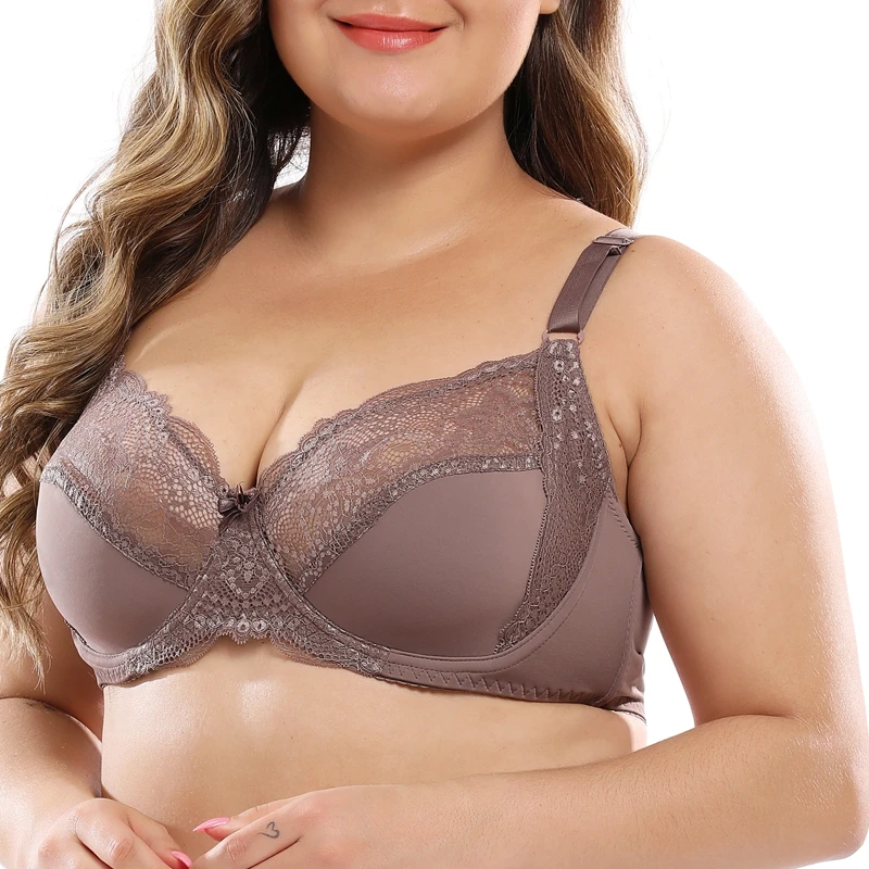 Beauwear кружевной перспективный бюстгальтер женское Сексуальное цветочное белье 3/4 чашечки глубокий v-образный вырез пуш-ап размера плюс C D DD E 85 90 95 100 105 110 - Цвет: B11-Coffee