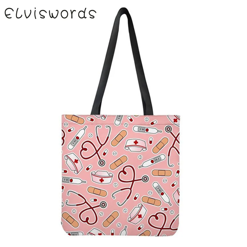 

ELVISWORDS Fashion Lady Line Bags Nurse Love Hat Medical Tools Print Women Large Canvas Shopping Handbags Hot torebki damskie