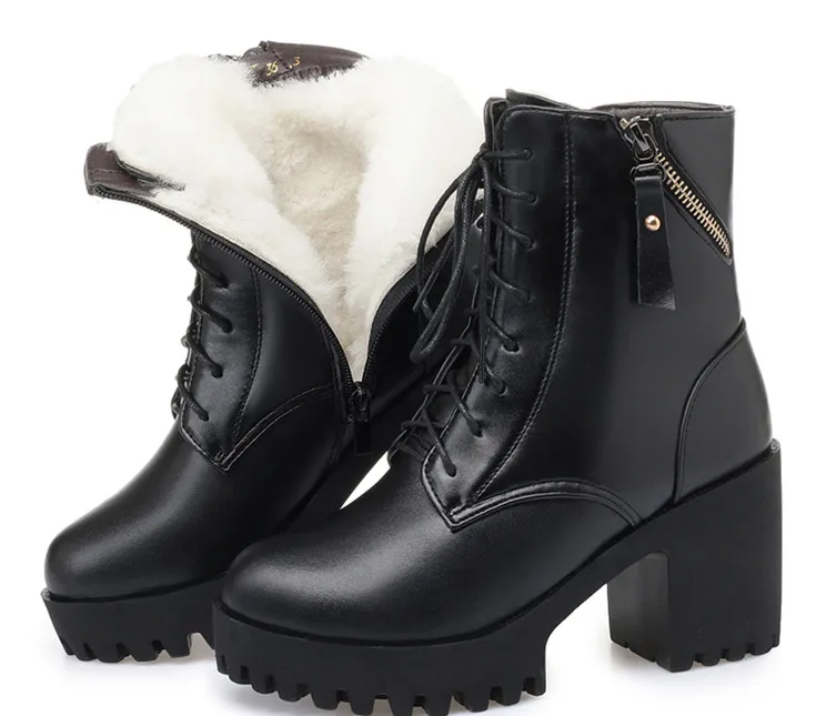 GKTINOO/ г. Новые зимние женские ботинки теплые шерстяные ботинки из натуральной кожи на высоком толстом каблуке и платформе - Цвет: Black wool lining