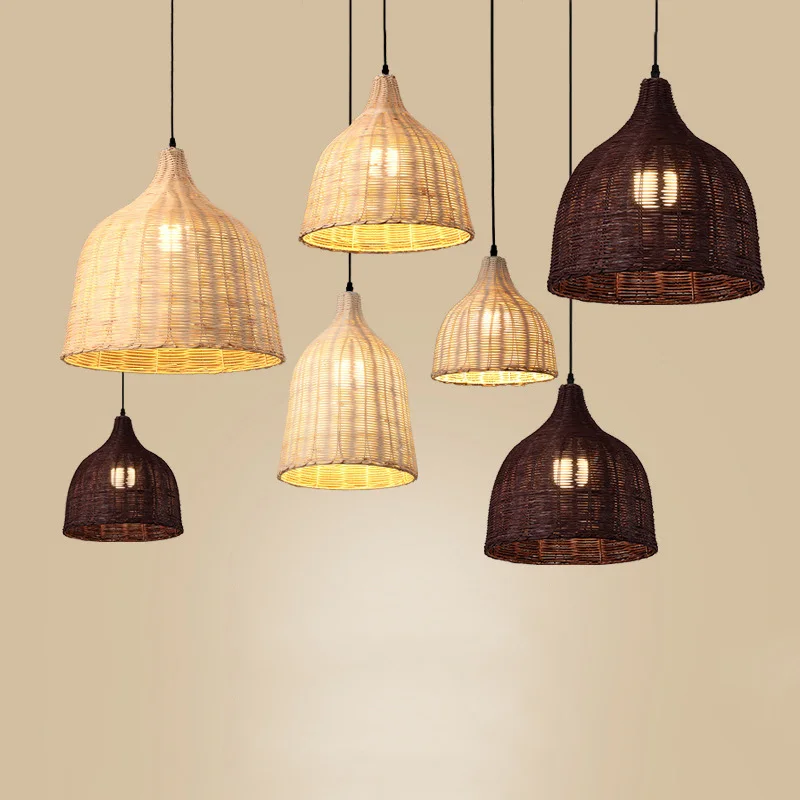 

Chinese Rattan Pendant Light Hand Woven Coffee Bamboo Pendant Lamp E27 E26 Hanging Restaurant Light Dining Room Lamp