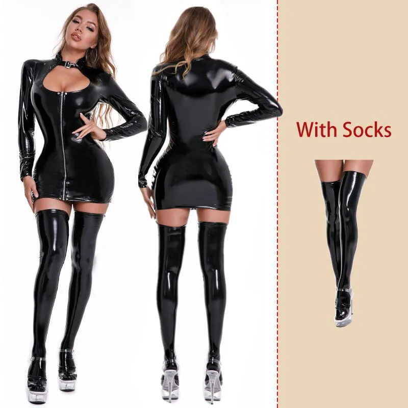 

Women Sexy Wetlook Leather Sheath Dress Erotic Leather Bag Hip Skirt With Zipper Slim Long Sleeve Latex Mini Dresses Clubwear