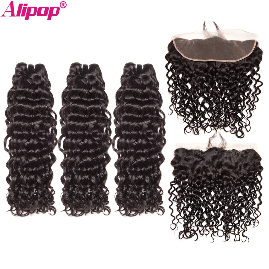  Brazilian Water Wave Ear To Ear Lace Frontal Closure With Bundles Human Hair 3 Bundles With Frontal