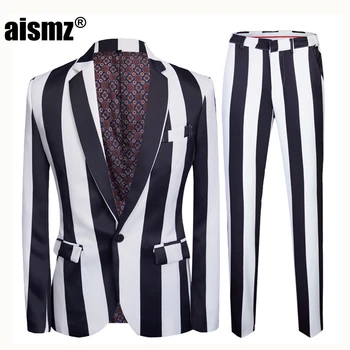 

Aismz Fashion Suit Men Black White stripe Print 2 Pieces Set Latest Coat Pant Designs Wedding Stage Singer Slim Fit Costume