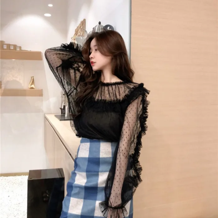 

Early Autumn New Style Flounced Versatile Solid Color Pullover Frilled Lace Base Outer Wear Polka Dot Gauze Long-sleeved Upper G