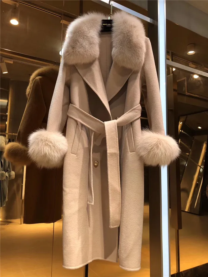 Женское шерстяное пальто зимнее женское пальто с воротником из натурального Лисьего меха двустороннее шерстяное пальто ветровка - Цвет: camel