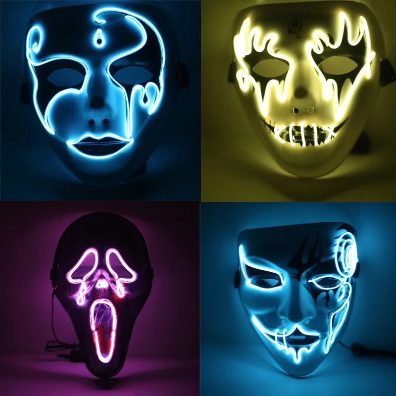 

HOT 8 Styles Masks for Halloween Mask Horrific Cosplay Party Costume Masquerade NEON Rave Colorful LED EL Wire + Controller 3V