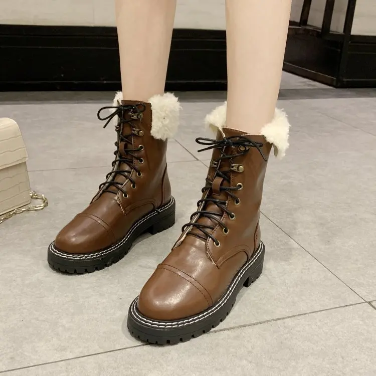 Thin Brown Jookrrix/; женская брендовая теплая зимняя обувь; модные женские ботинки до середины икры; Модные женские Ботинки martin из искусственной кожи; Цвет Черный - Цвет: Thin Brown