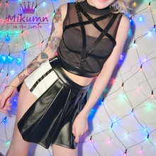 Готика, Харадзюку, женские плиссированные шорты, юбки с высокой талией из искусственной кожи, мини юбки в стиле пэчворк, женские сексуальные короткие юбки в стиле панк