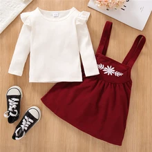 

Baby Girl Clothing Sets Spring Solid Pit Strip Top+Flower Embroidery Strap Dress Suit 2022 New Cotton Kids Clothes Girls Outfits