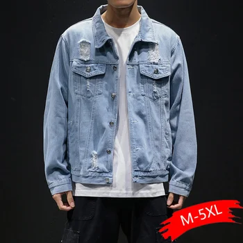 

Men Light Blue Denim Jackets Holes Jean Jackets Streetwear Casual Denim Coats Men Cotton Outwear Slim Denim Jackets Size 5XL
