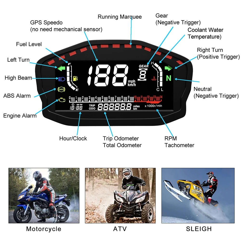 Lcd Gps Speedometer With Rpm Tachometer Fuel Gauge Water Temperature